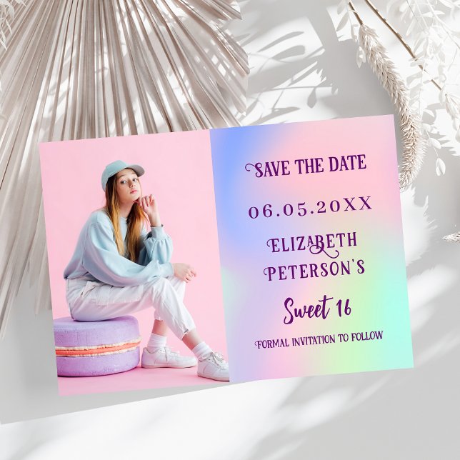 Save The Date Script photo holographique rose violet Sweet 16 (Créateur téléchargé)