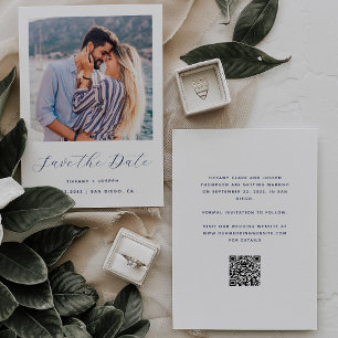 Save The Date Script Photo Minimal Bleu Nuit Blanc Code QR