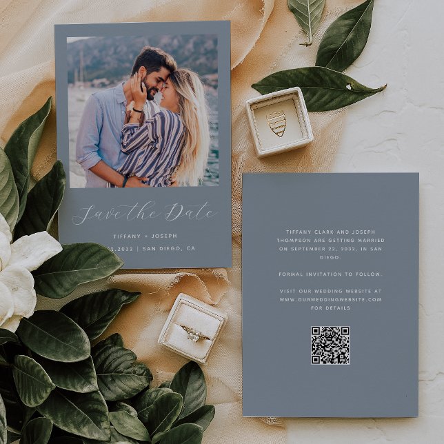 Save The Date Script photo minimal Dusty Blue QR Code (Créateur téléchargé)