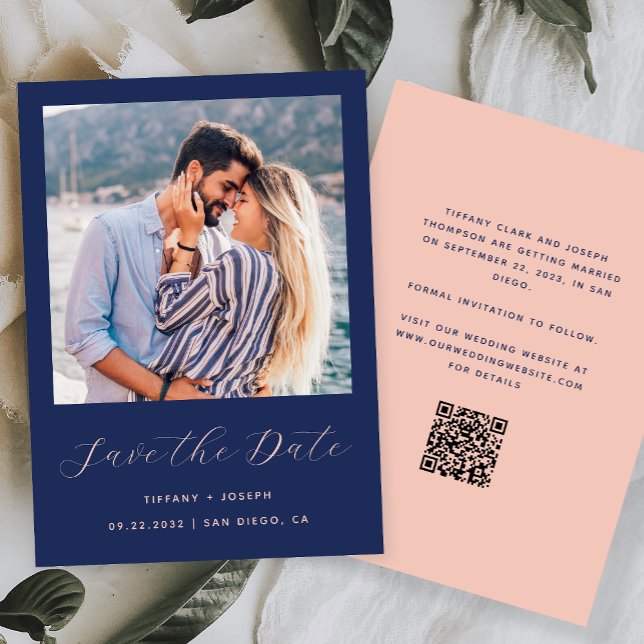 Save The Date Script photo minimal Navy Blue Blush QR Code (Créateur téléchargé)