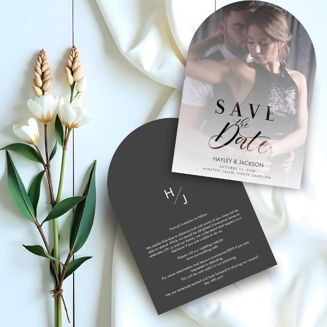 Save The Date Script photo personnalisé Mariage de transparence  (Modern Transparency Wedding Custom Photo Script Save the Date Cards. Arch Border Style)
