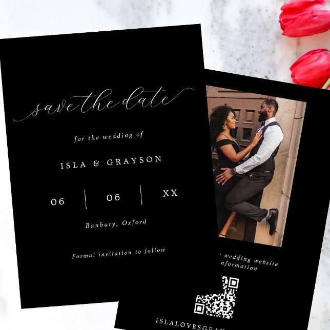 Save The Date Script romantique chic noir & blanc photo QR Code (Créateur téléchargé)