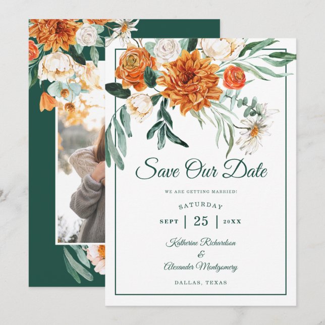 Save The Date Script romantique Vert automne Floral Mariage Phot (Devant / Derrière)