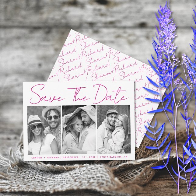 Save The Date Script rose magenta calligraphie 3 photo collage s (Créateur téléchargé)