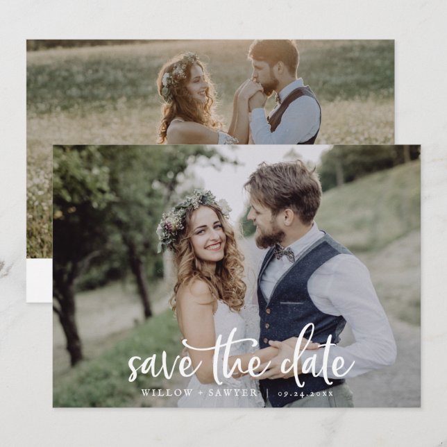 Save The Date Script Rustique Horizontal Dark Photo Enregistrer  (Devant / Derrière)