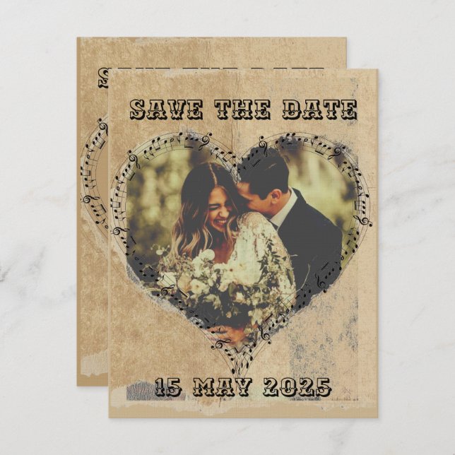 Save The Date Script rustique rétro avec notes musicales Cadre c (Devant / Derrière)