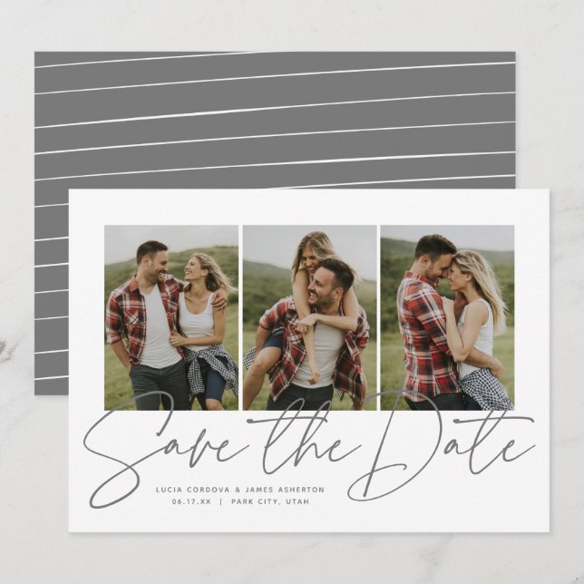 Save The Date Script stylé moderne trois photos faire part de da (Devant / Derrière)