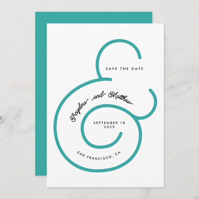 Save The Date Script Turquoise de Monnaie Moderne Grand Mariage  (Devant / Derrière)
