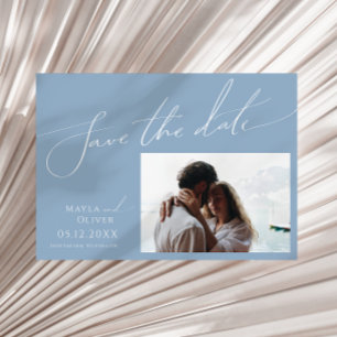 Save The Date Script Whimsical   Dusty Blue Horizontal Photo