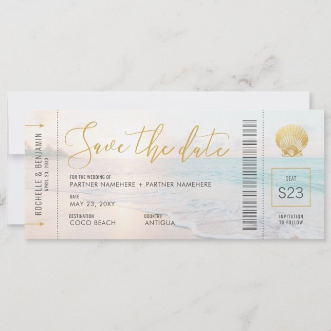 Save The Date Seashell Boarding Pass Ticket Beach Wedding (Devant)