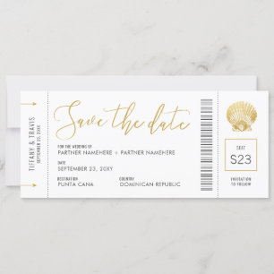 Save The Date Seashell Boarding Pass Ticket Beach Wedding
