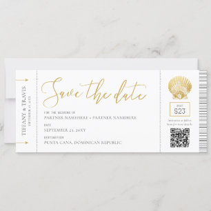 Save The Date Seashell Boarding Pass Ticket Beach Wedding