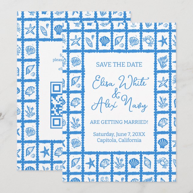 Save The Date Seashell Grid Beach Wedding Code QR PERSONNALISÉ (Devant / Derrière)