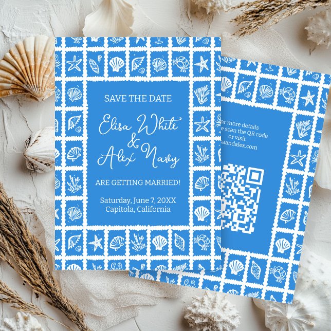 Save The Date Seashell Grid Beach Wedding Code QR PERSONNALISÉ (Seashell Grid Beach Wedding CUSTOM QR Code Save The Date
)