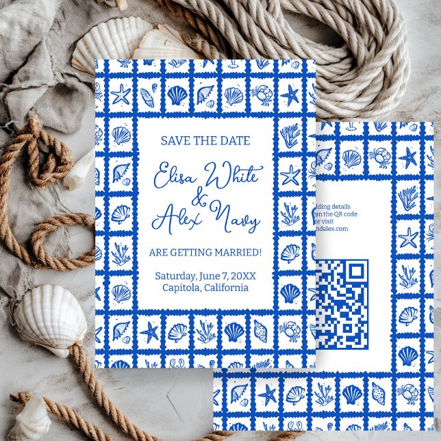 Save The Date Seashell Grid Beach Wedding Code QR PERSONNALISÉ (Seashell Grid Beach Wedding CUSTOM QR Code Save The Date
)