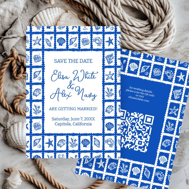 Save The Date Seashell Grid Beach Wedding Code QR PERSONNALISÉ (Seashell Grid Beach Wedding CUSTOM QR Code Save The Date
)
