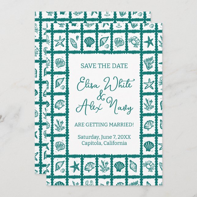 Save The Date Seashell Grid Beach Wedding Code QR PERSONNALISÉ (Devant / Derrière)