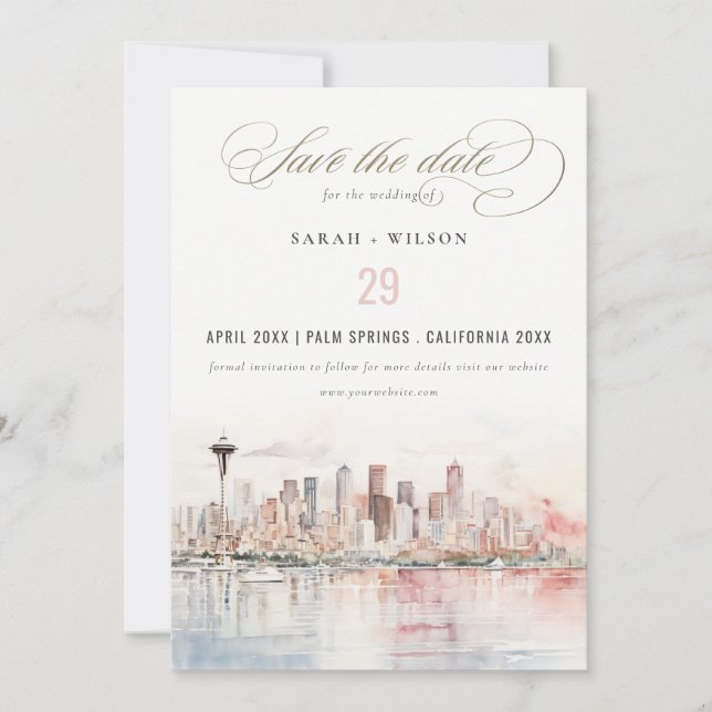 Save The Date Seattle, Washington Watercolor Landscape Wedding (Devant)