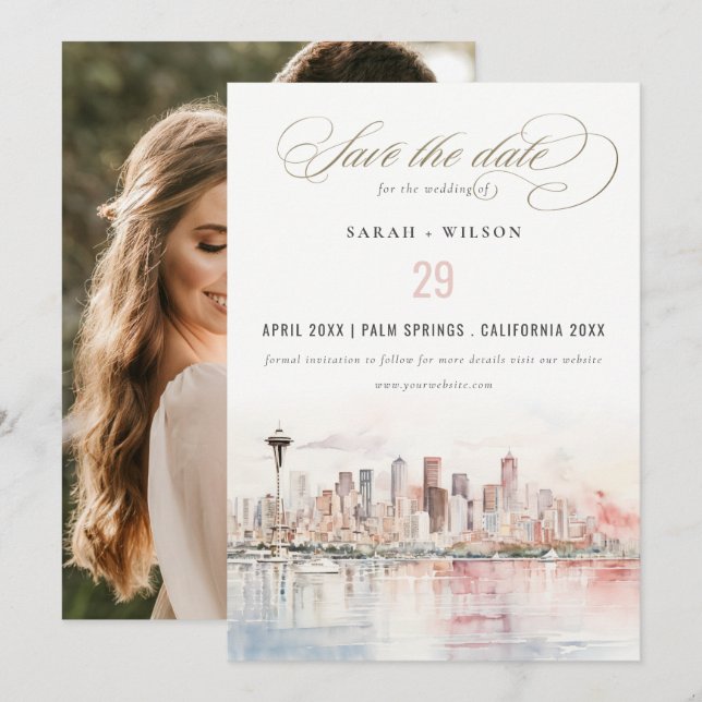 Save The Date Seattle Washington Watercolor Scape Wedding Photo (Devant / Derrière)