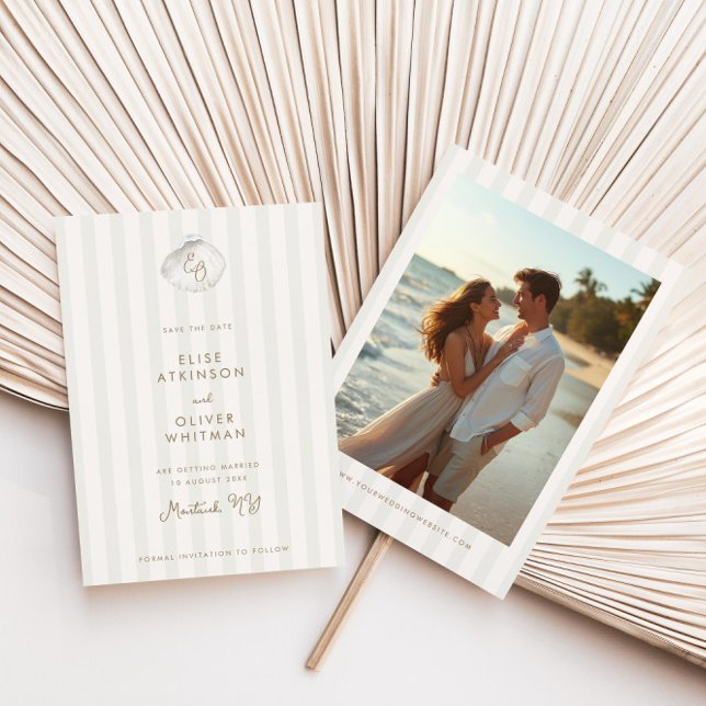 Save The Date Serene Shell Monogram Coastal Stripes Wedding (Créateur téléchargé)