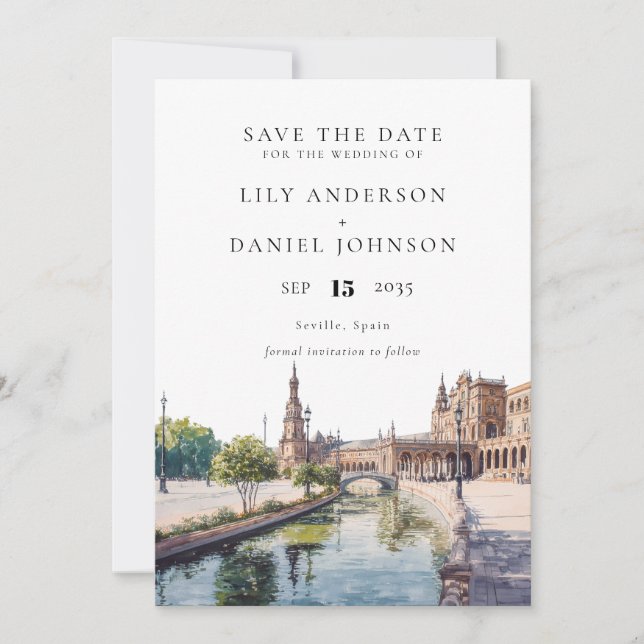 Save The Date Seville Spain Watercolor Elegant Wedding (Devant)