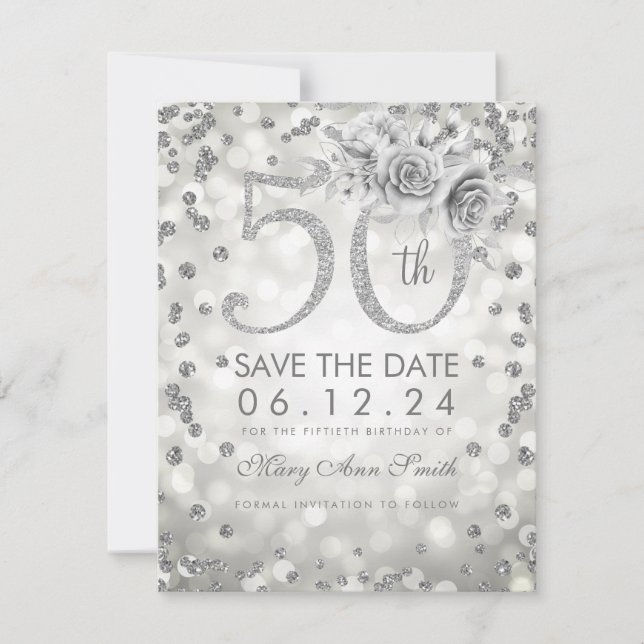 Save The Date Silver 50th Birthday Glam Lights Enregistrer La Da (Devant)