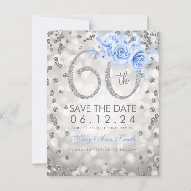 Save The Date Silver 60e anniversaire Lumières de reflet bleu (Devant)