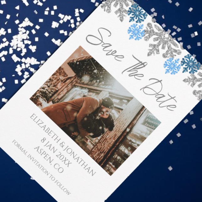 Save The Date Silver Blue Snowflakes Mariage d'hiver (Créateur téléchargé)