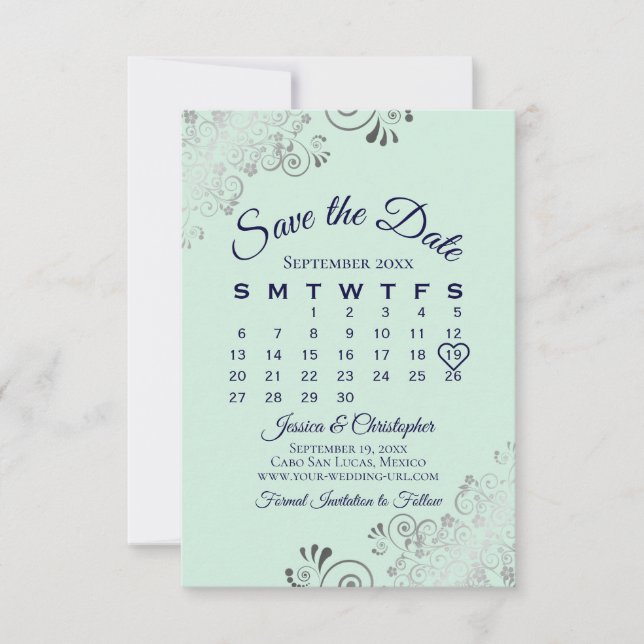 Save The Date Silver Frills Mint Green & Navy Mariage Calendrier (Devant)