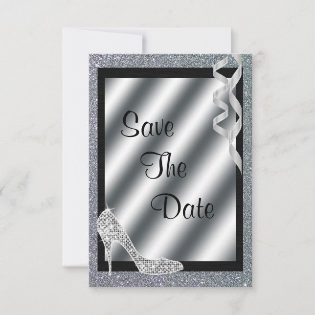 Save The Date Silver Glittery Stiletto & Streamers 70e anniversa (Devant)