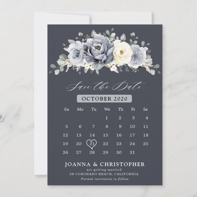 Save The Date Silver Grey Ivory Floral hiver Rustique Calendrier (Devant)