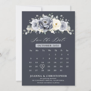 Save The Date Silver Grey Ivory Floral hiver Rustique Calendrier