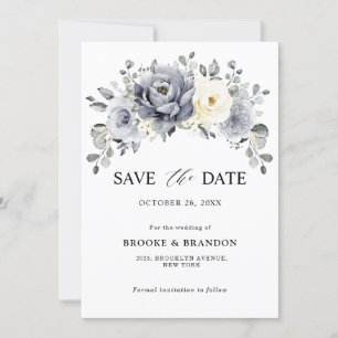 Save The Date Silver Grey Ivory Floral hiver Rustique Mariage