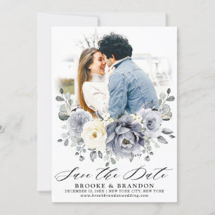 Save The Date Silver Grey Ivory Floral hiver Rustique Mariage