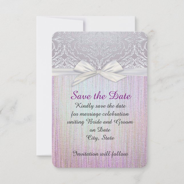 Save The Date Silver Lace Ribbon Lavender Pastel Enregistrer la  (Devant)