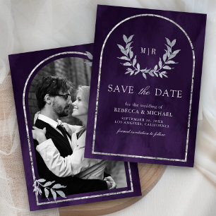 Save The Date Silver Laurel Wreath Feuille Royal Purple Mariage