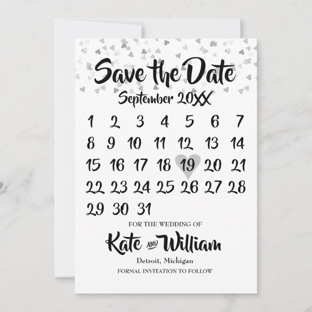 Save The Date Silver Love Hearts Confetti Calendrier Enregistrer (Devant)