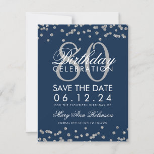 Save The Date Silver Navy Blue 80th Birthday Save Date Confetti