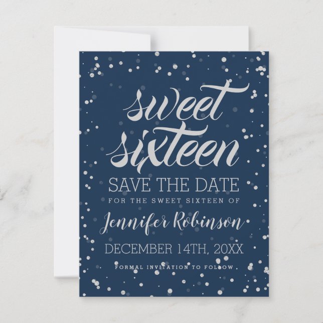 Save The Date Silver Navy Sweet 16 Save Date Sparkle Confetti (Devant)