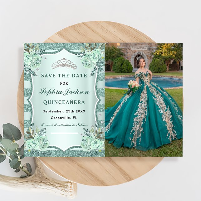 Save The Date Silver Royal Green Quinceanera Photo (Créateur téléchargé)