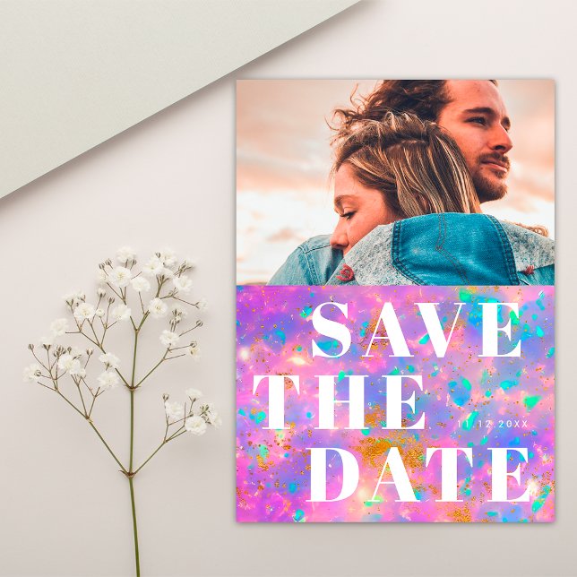 Save The Date Simple 1 Photo Bold Pierre opale et Mariage blanc (Front)