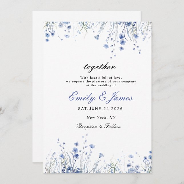 Save The Date simple aquarelle Floral Dusty Blue mariage invita (Devant / Derrière)