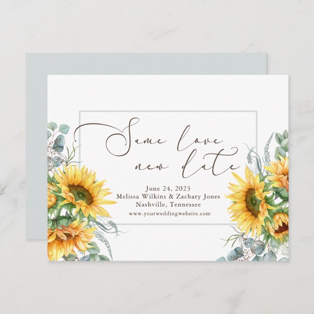 Save The Date Simple Aquarelle Tournesol Même Amour Nouvelle Dat (Devant / Derrière)