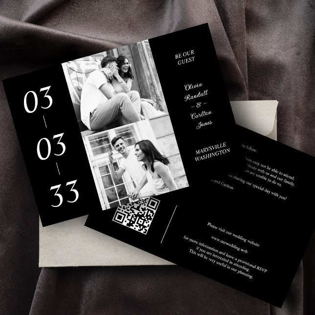 Save The Date Simple Black & White Ultra Modern 2 Photos Collage (Simple Black & White Ultra Modern 2 Photos Collage Wedding Save the Date Card with Envelope.)