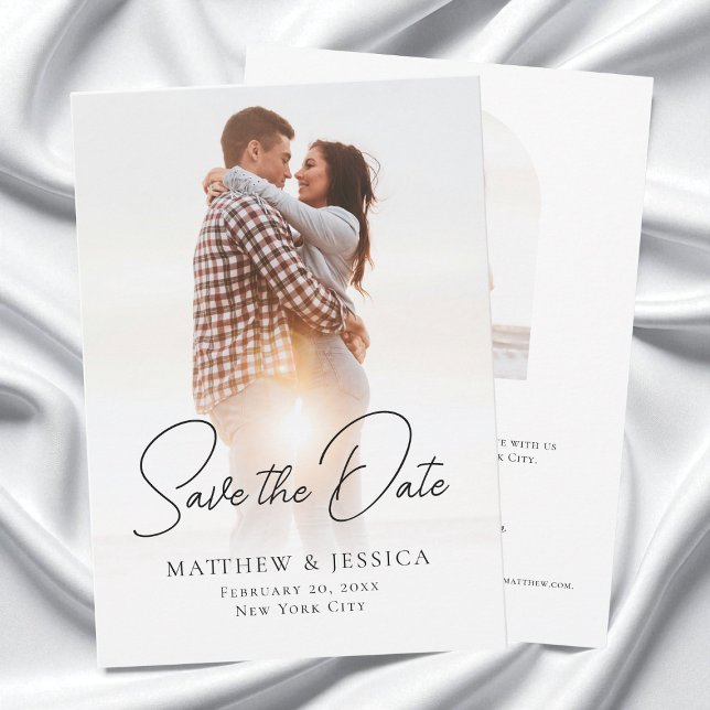 Save The Date Simple blanc élégant Script Arch 2 Mariage photo (Simple White Elegant Script Arch 2 Photo Wedding Save The Date)