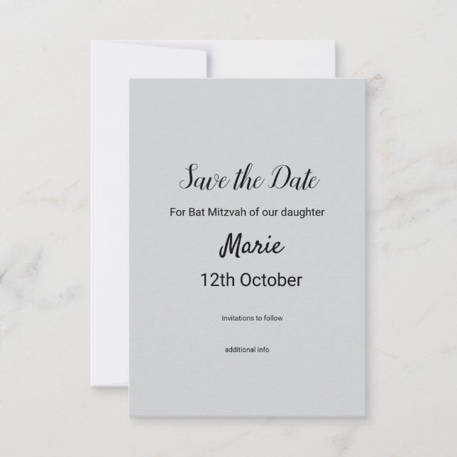 Save The Date simple blanc noir classique edi bat mitzvah (Devant)