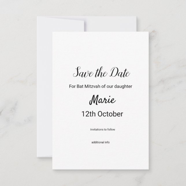 Save The Date simple blanc noir classique edi bat mitzvah (Devant)