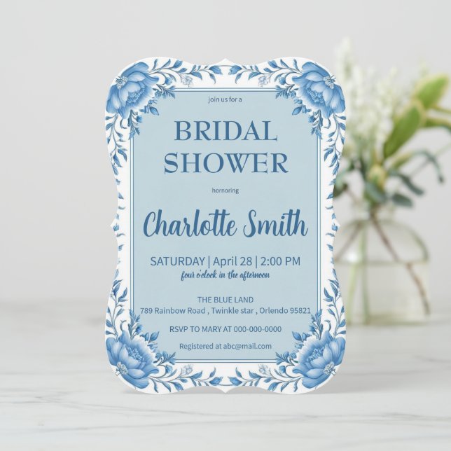 Save The Date Simple Blue Chinoiserie fleurs douche de mariage (Debout devant)
