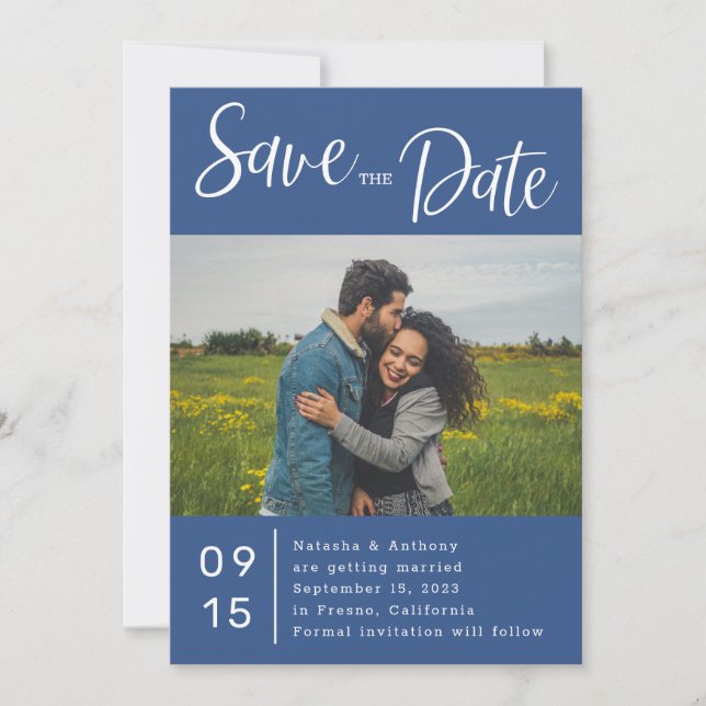 Save The Date Simple Blue White Heart Photo Mariage (Devant)