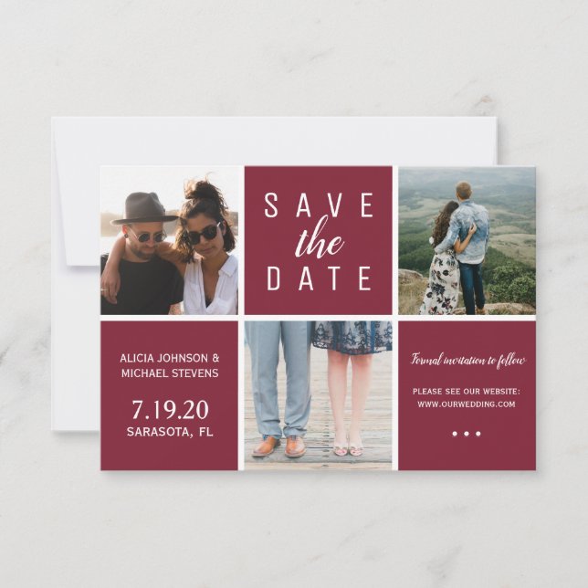 Save The Date Simple bordeaux blanc 3 photo collage mariage (Devant)